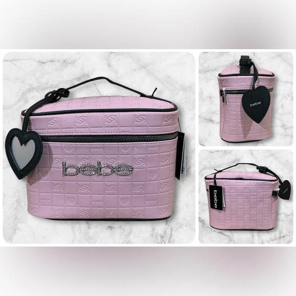 bebe Handbags - Bebe Pink Embossed Cosmetic Bag with Black Trim NWT Vegan Leather Travel Bag